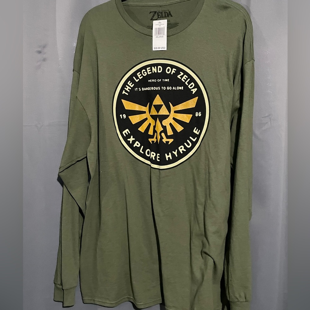 NWT! Olive green Legend of Zelda love sleeve shirt.
